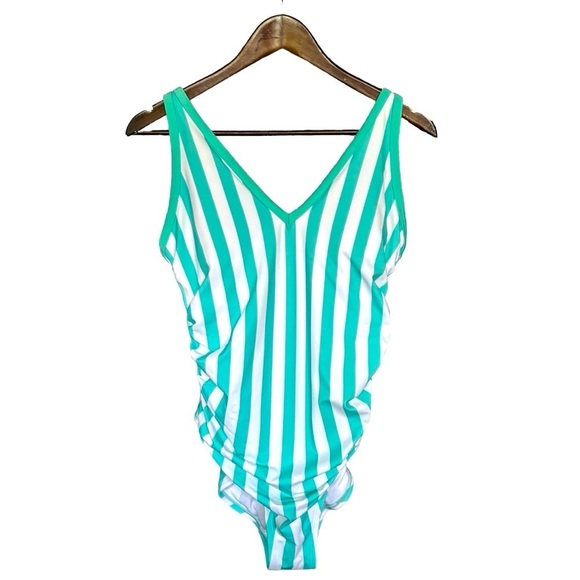 NEW Kona Sol Turquoise and White Striped One Piece Swimsuit Size 14W V Neck - Picture 7 of 11